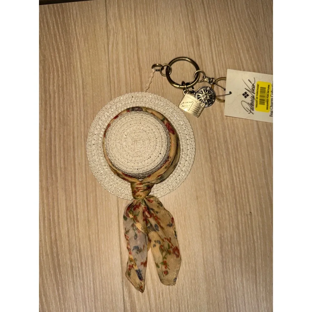 Patricia Nash Straw Hat Bag Charm Keychain Floral Scarf Antique Brass NWT